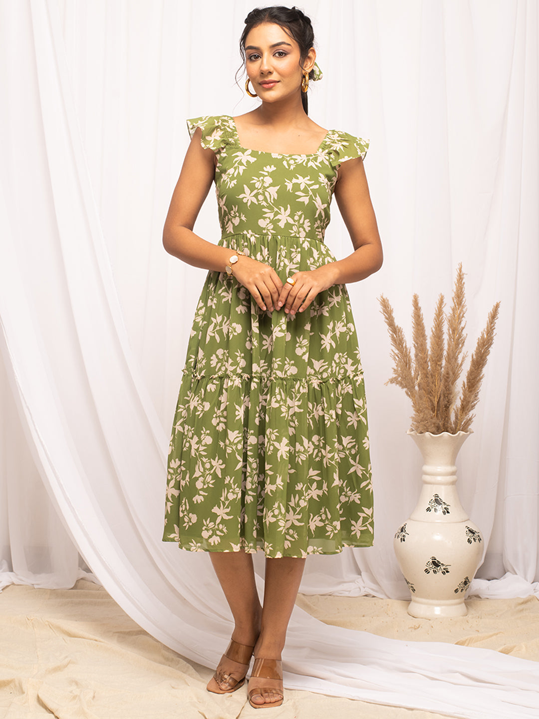 FIORRA Women's Mehandi Green Georgette Floral Printed  Dress